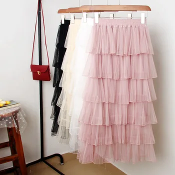 

mesh skirts women 2018 summer new lady pink elegant ruffles skirts top quality
