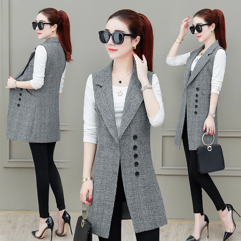 Aelegantmis Long Plaid Vest Women's Sleeveless Blazer Spring Autumn Large  Size 4xl Women Suit Vest Female Waistcoat Office - Vests - AliExpress