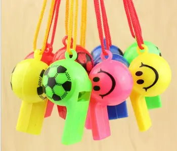 

8pcs/lot Soccer football or smiling face cheerleading whistle for kids children plastic whistles toys with ropes GYH