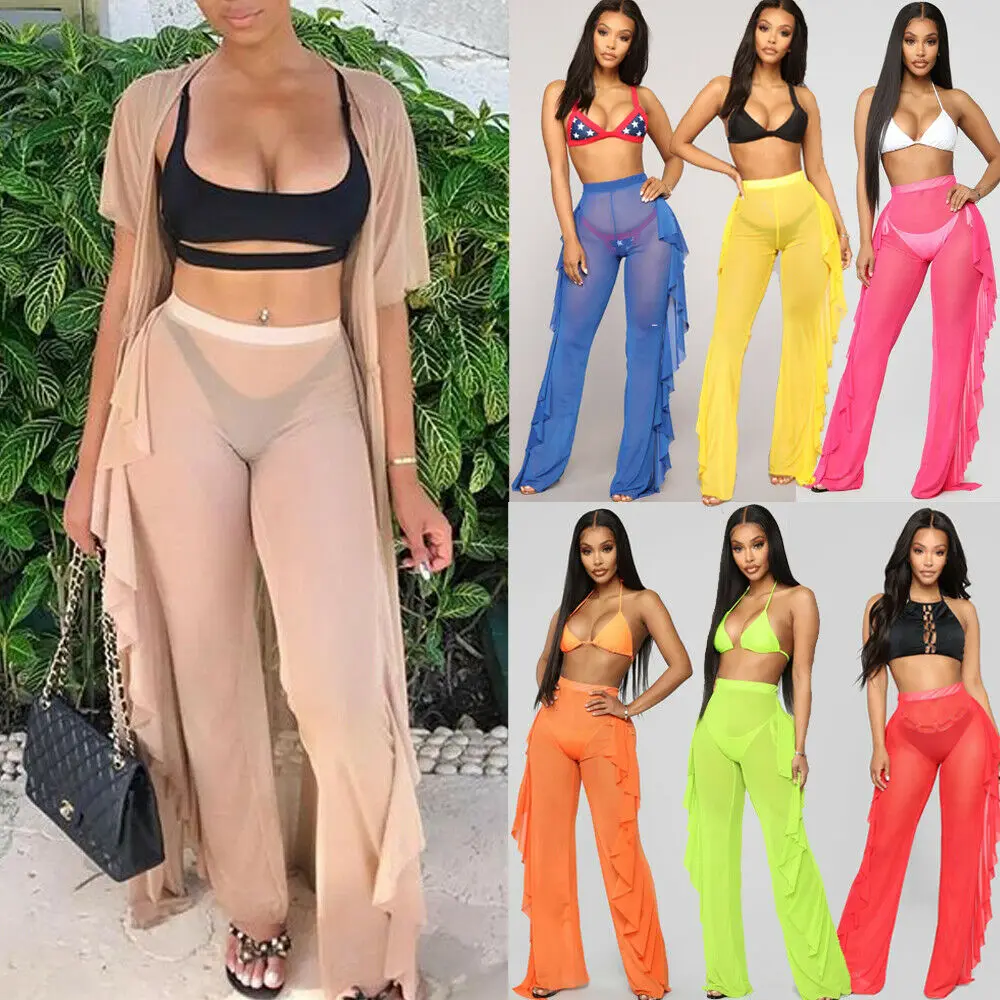 

2019 Newest Summer Sexy Women Mesh Ruffles Sheer Wide Leg Pants Long Trousers Cover Up Pant