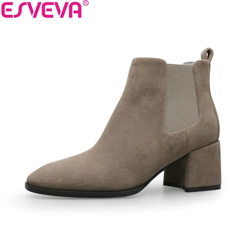 

ESVEVA 2019 Ankle Boots for Women Shoes Round Toe Square High Heels Synthetic Woman Boots Shoes Autumn Ladies Boots Size 34-39