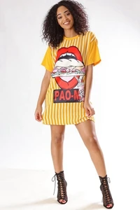 OMILKA/футболка с рисунком из мультфильма, платье, летнее женское платье с короткими рукавами и круглым вырезом, полосатый каждодневный свободный бейсбол Harajuku, хип-хоп платье - Цвет: Цвет: желтый