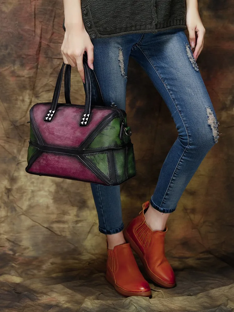 2018 женская сумка из натуральной кожи с панелями, ручная работа, кожаная сумка на плечо с верхней ручкой, женская сумка-мессенджер розового и