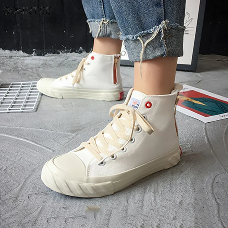 

Vulcanize Shoes Women Canvas High Top All-match Flat with Footwear Womens Zipper Korean All-match Students Trendy Leisure White
