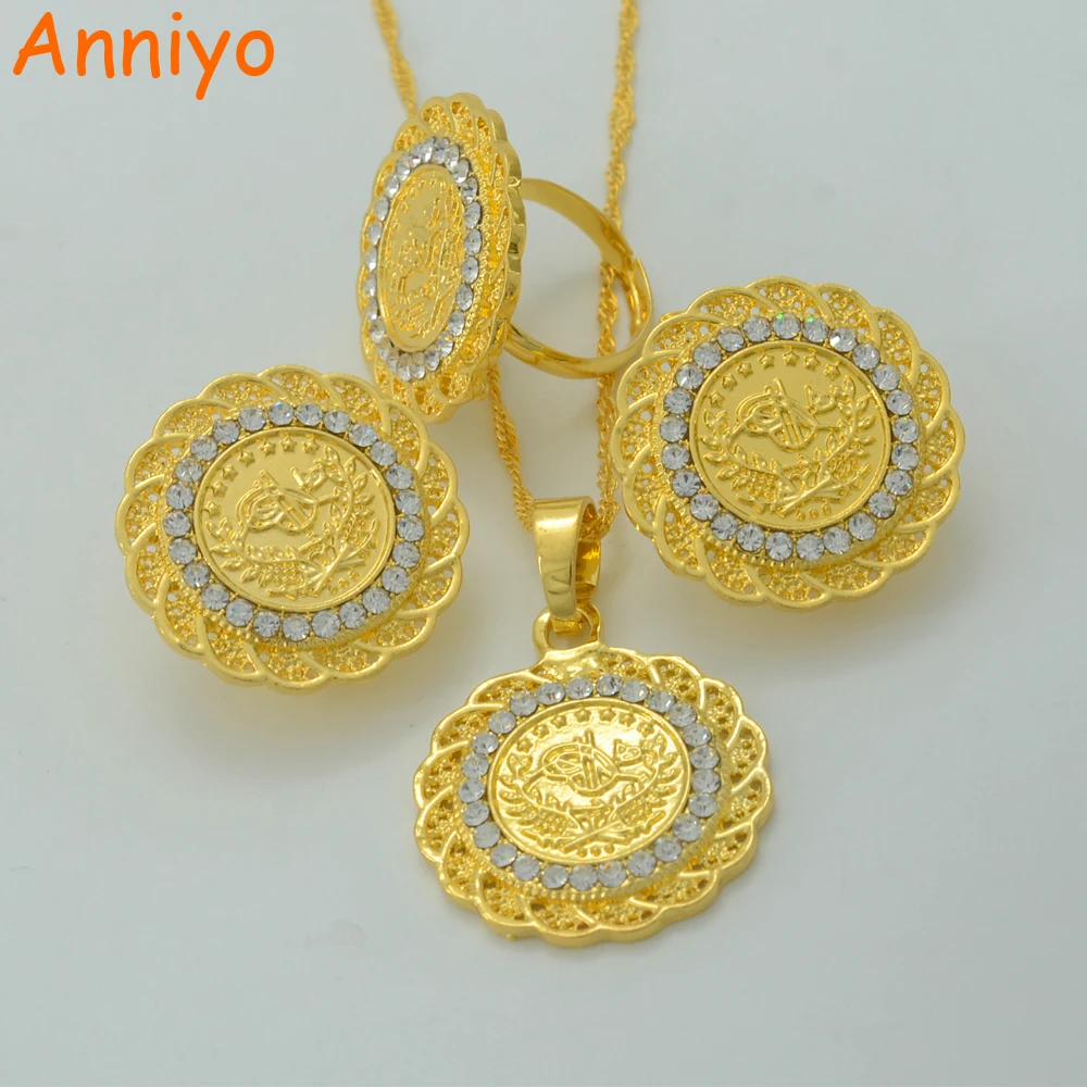Anniyo Coin Jewelry Sets With Rhinestone Necklace Earring Ring Gold Color Turks Specie Arab/Africa/Middle East/Turkey #014906 frommer s® portable turks