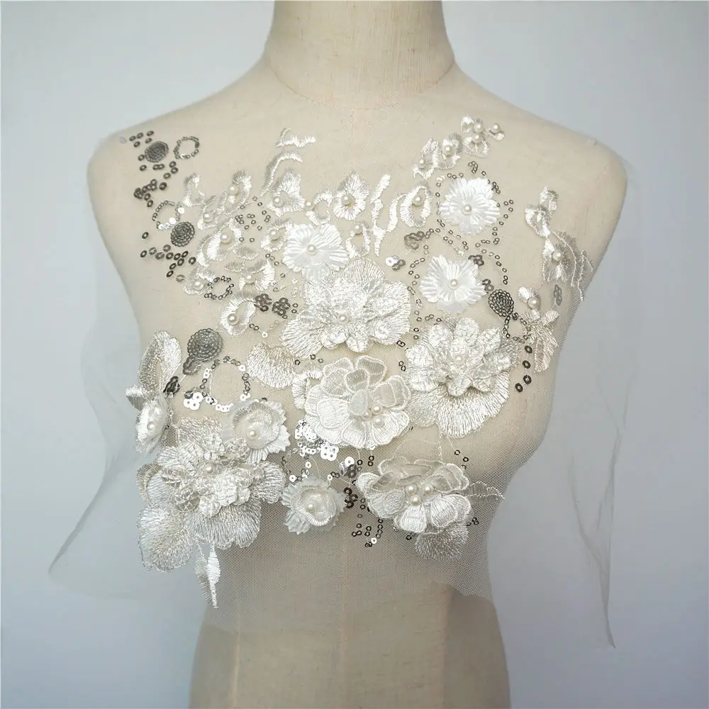 Бирюзово-серая белая кружевная ткань 3D цветы бусины Блестки аппликации вышивка сетка пришить патч для свадьбы украшение для вечернего платья DIY