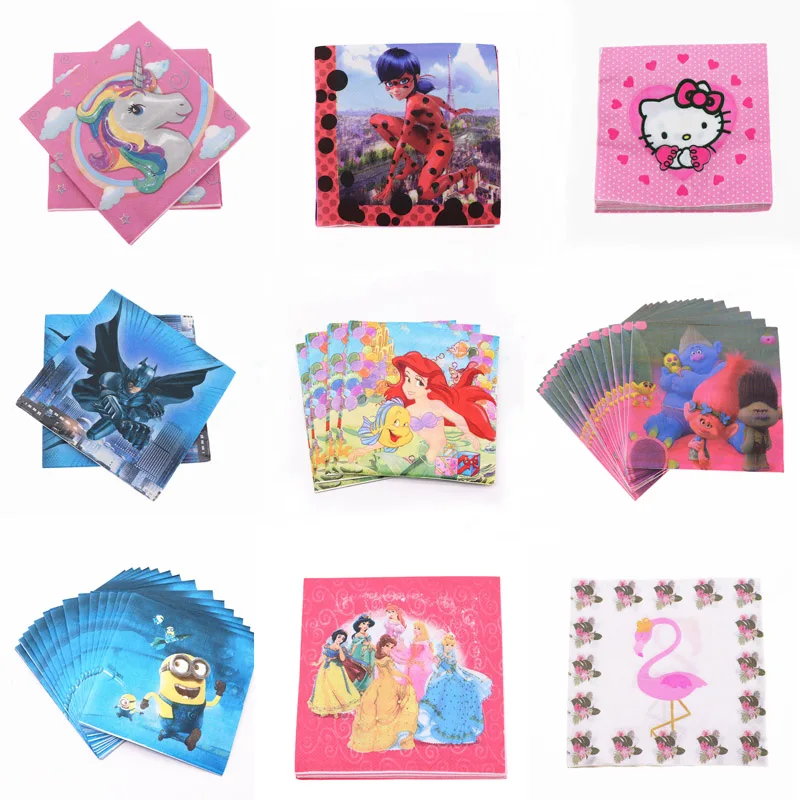 

20pcs Minnie unicorn Hello Kitty Avengers Napkin Children Party decorations Happy Birthday party supplies Paper towels