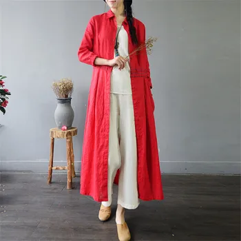 

SCUWLINEN 2020 Spring Autumn Women Trench Vintage Casual Slim Waistline Embroidery Long-sleeve Long Linen Dress Cardigan S410-1
