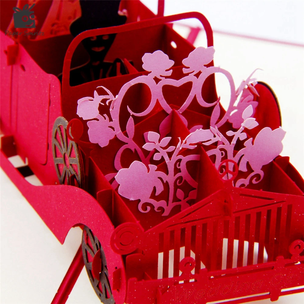  Red 3D Wedding Carriage with Lovers Personalized Handmade 3D Greeting Cards POP UP Cards Invitation - 32651908448
