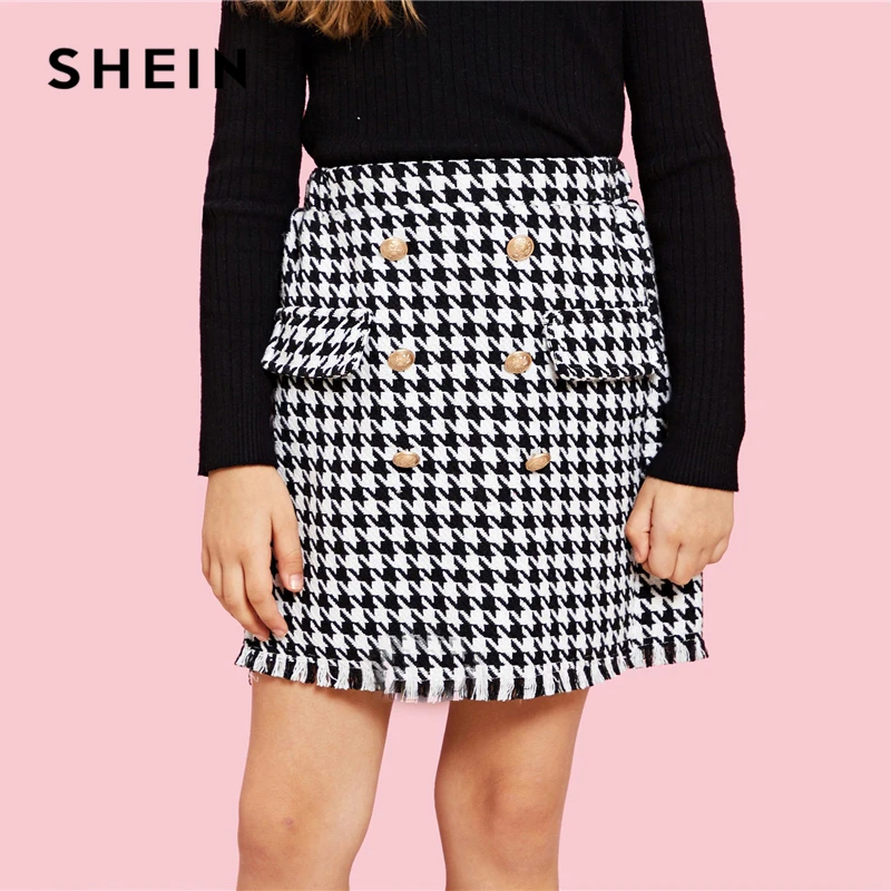 SHEIN Double Breasted Houndstooth Casual Tweed Girls Skirts 2019 Spring Korean Fashion Elegant Mini Skirt Girl Kids Skirts SHEIN Double Breasted Houndstooth Casual Tweed Girls Skirts 2019 Spring Korean Fashion Elegant Mini Skirt Girl Kids Skirts