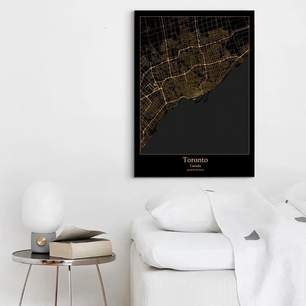 Online Hamilton Mississauga Ottawa Toronto Kanada Stadt Karte Schwarz und Gold Karte Leinwand Kunstdruck Wand Bilder für Wohnzimmer Keine rahmen