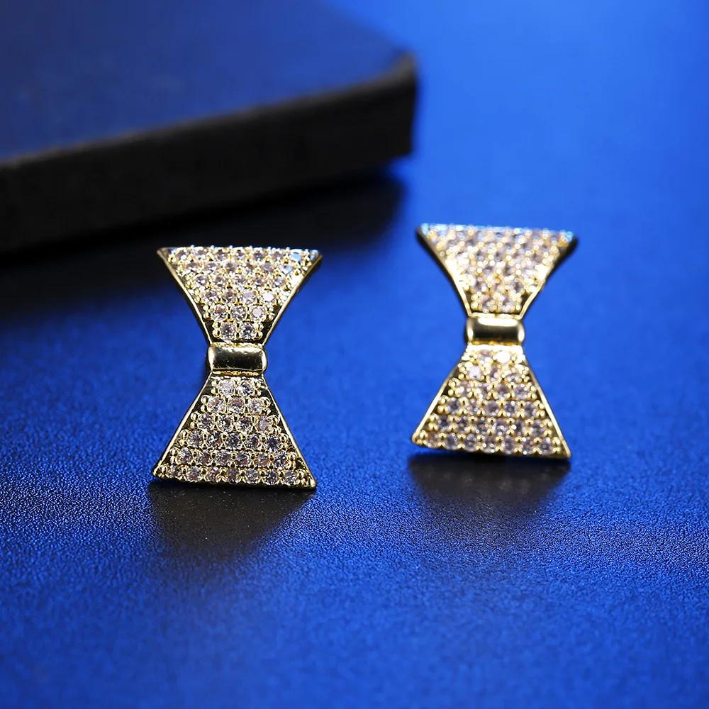 Cartoon cute Small Tie stud earrings for Womens zirconia crystal earring fashion jewelry Gold silver Wedding party trendy gift