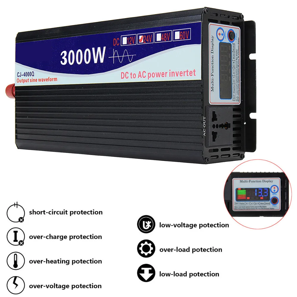 Инвертор 12V 220V 3000/4000/5000 W/6000 W Напряжение трансформатор с немодулированным синусоидальным сигналом Мощность инвертор DC12V к переменному току 220V преобразователь Светодиодный Дисплей