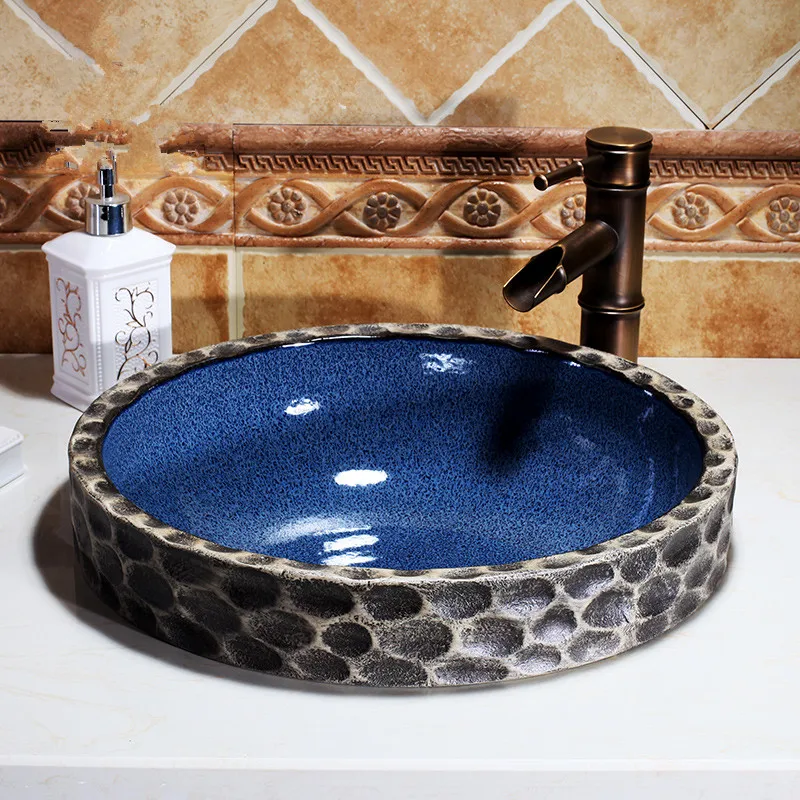 China Artistic Handmade Ceramic wash basin Porcelain Countertop Lavabo Round Semi-Counter Bathroom Sink (1)