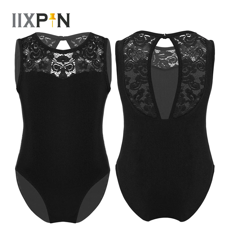 Agoky Girls Floral Lace Splice Cut Out Back Ballet Dance Gymnastics Leotard Jumpsuit
