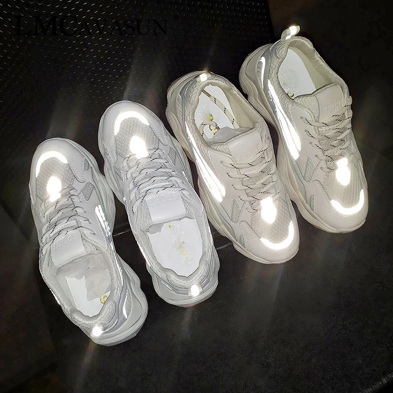 LMCAVASUN/Белая обувь; женские кроссовки на платформе в стиле пэчворк; zapatos de mujer; светоотражающие Серебристые кроссовки; chaussures; женская обувь