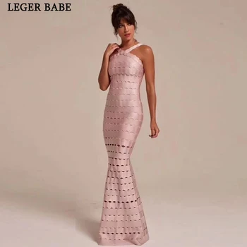

Glamorous Mermaid Bandage Gown Dress Sexy Halter Party Dress Long Hollow Out Elegant Evening Vestido Ladies Outfits