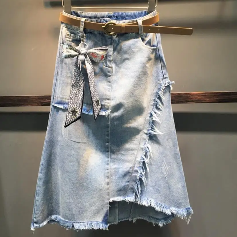 

New Spring High Waist irregular tassel Jeans Skirt Temperament Hip Package women Denim a-line Skirt