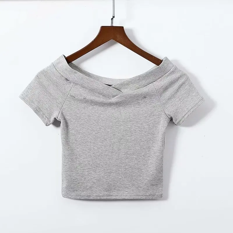 

Women slash neck crop Fashion Tops Short Sleeve T Shirt Solid Knitwear Tees white black Summer Slim Female Sexy Party Top Tee