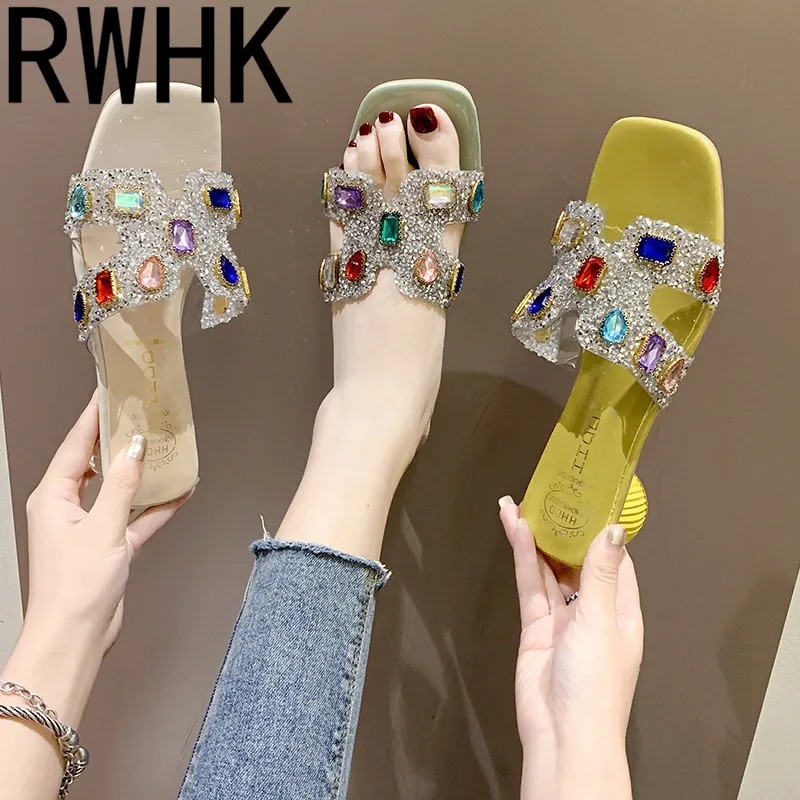 

RWHK 2019 summer new Korean fashion color diamond rough with open toe fairy wind word drag beach slippers B191