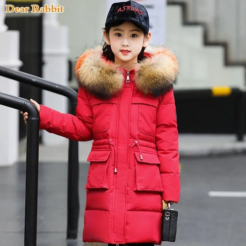 

5-15 Years Children Girl Down Jacket Winter Thick Warm Long Coat parka real Raccoon Fur Hooded Kids Outerwear Clothes clothing