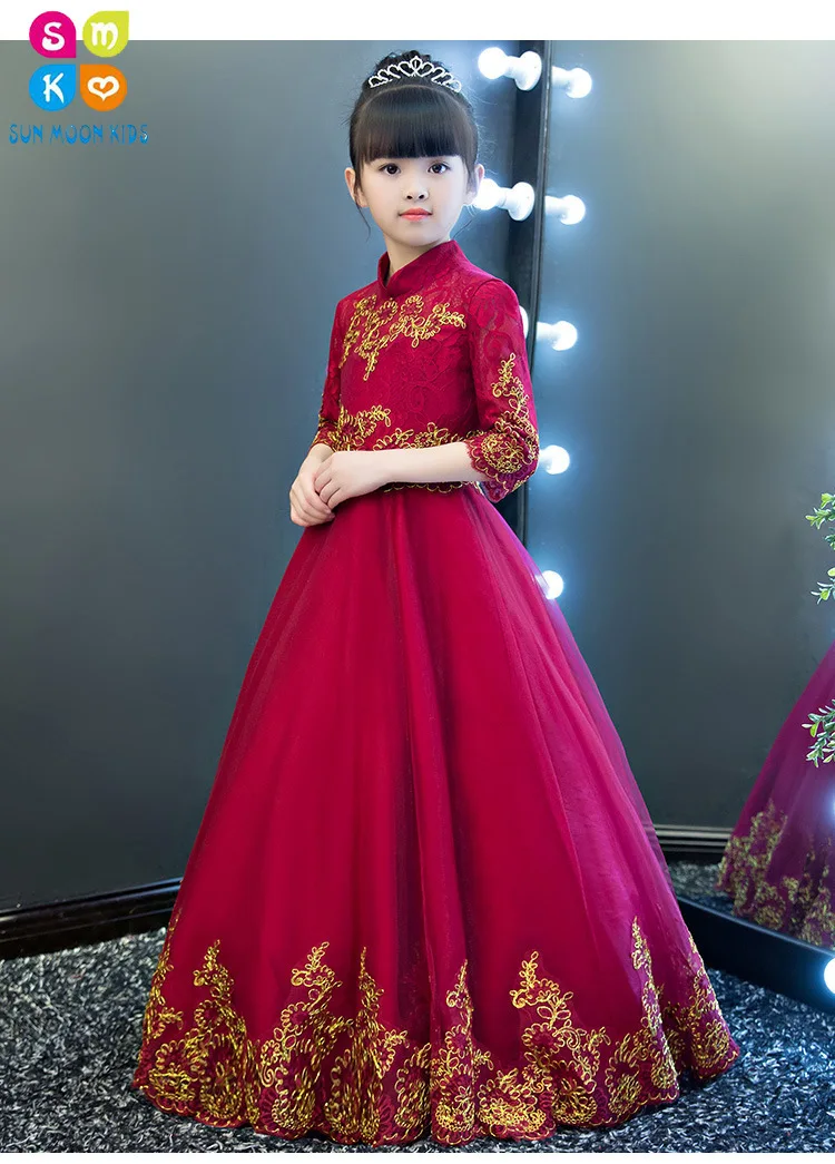 

2018 New Girl Wedding Dress Elegant Red Lace Long First communion Dress Girl Party Princess Tutu Dress Flower Girl Vestidos