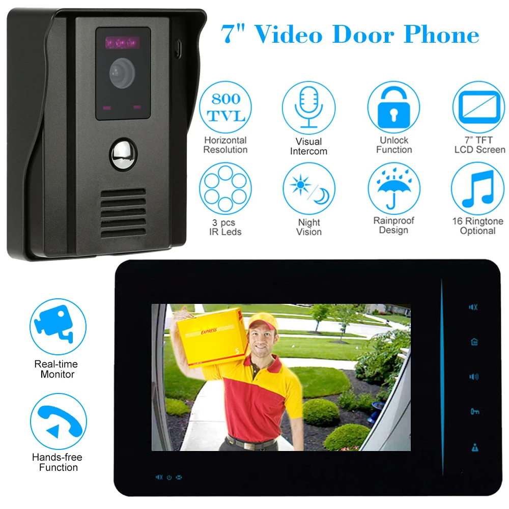 

CUSAM Wired 7" Video Door Phone Intercom System 800TVL Doorbell Two-way Audio IR Camera Night Vision Unlock