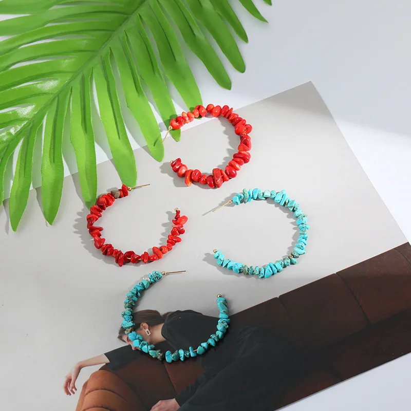 

2019 Summer Fashion Irregular Stone Beaded Red Earrings Boho Geometric Hoop Earrings for Women National Style Popular Jewellery