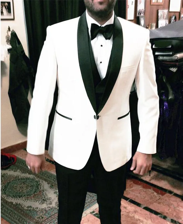 Custom Made Three Piece White  and Black  Wedding  Tuxedos  