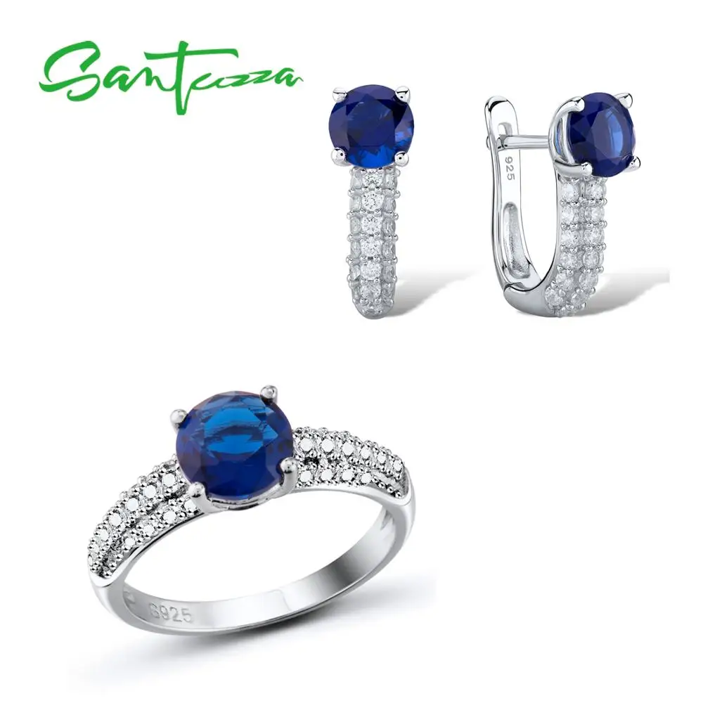 

Santuzza Jewelry Sets for Women Blue Nano CZ Stones Jewelry Set Stud Earrings and Ring Set Pure 925 Sterling Silver Jewelry Set