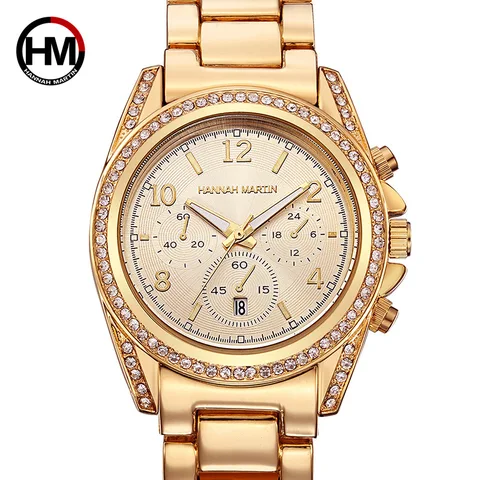 Mulheres de Luxo Relógios de Cristal das Senhoras Vestido de Relógio de Quartzo Cinta de Aço Relógios de Pulso Hannah Martin Pulseira Calendário Relógio Feminino