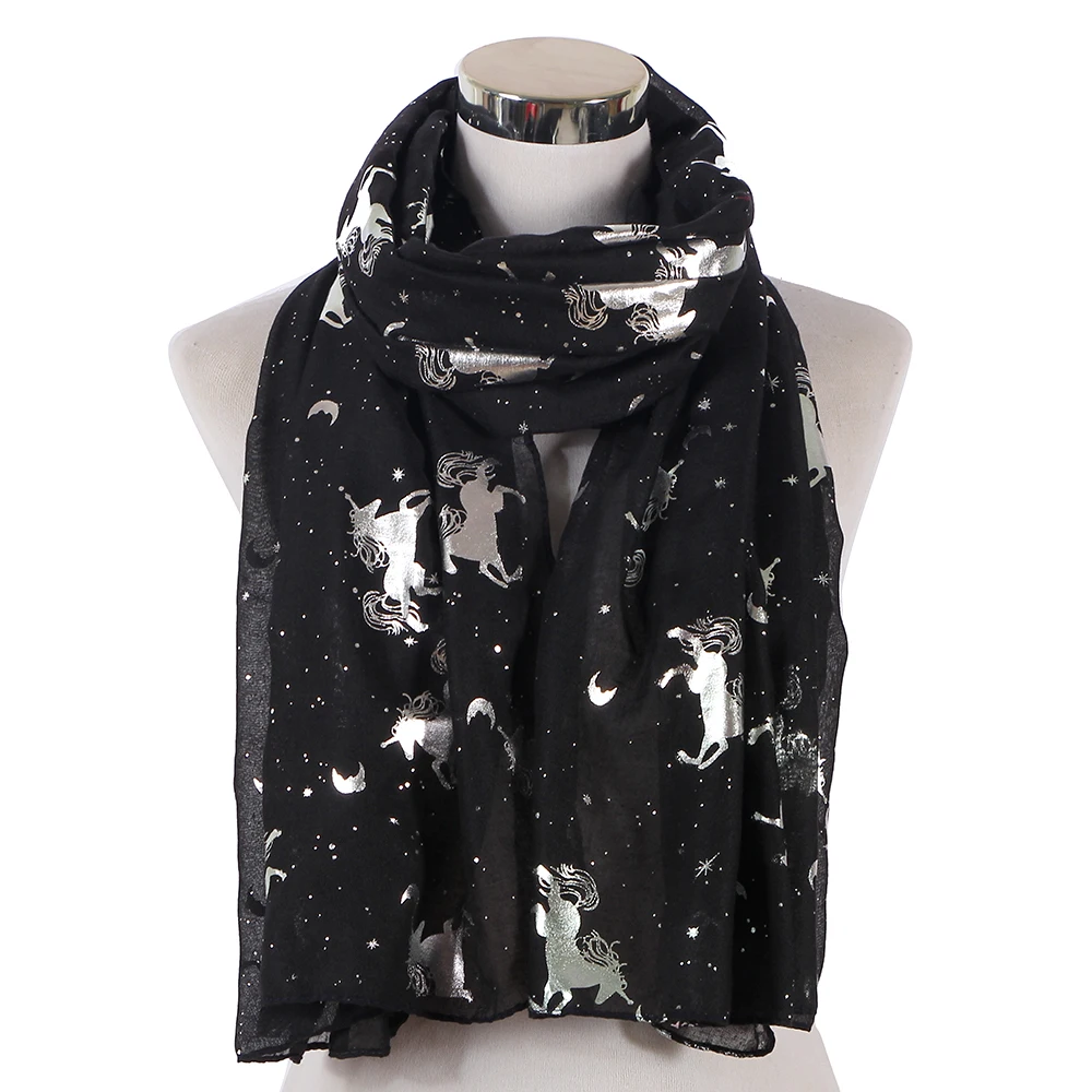 

2019 Fashion Black Red Navy Bronzing Foil Silver Unicorn Scarves Shawl Polyester Female Ladies Long Scarf Wraps