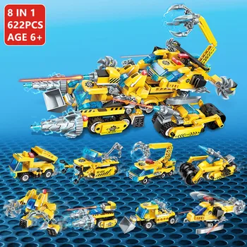 

622Pcs City Deformation Engineering Excavator Vehicles Bulldozer Mining Car Playmobil Building Blocks Sets Kids Education Toys
