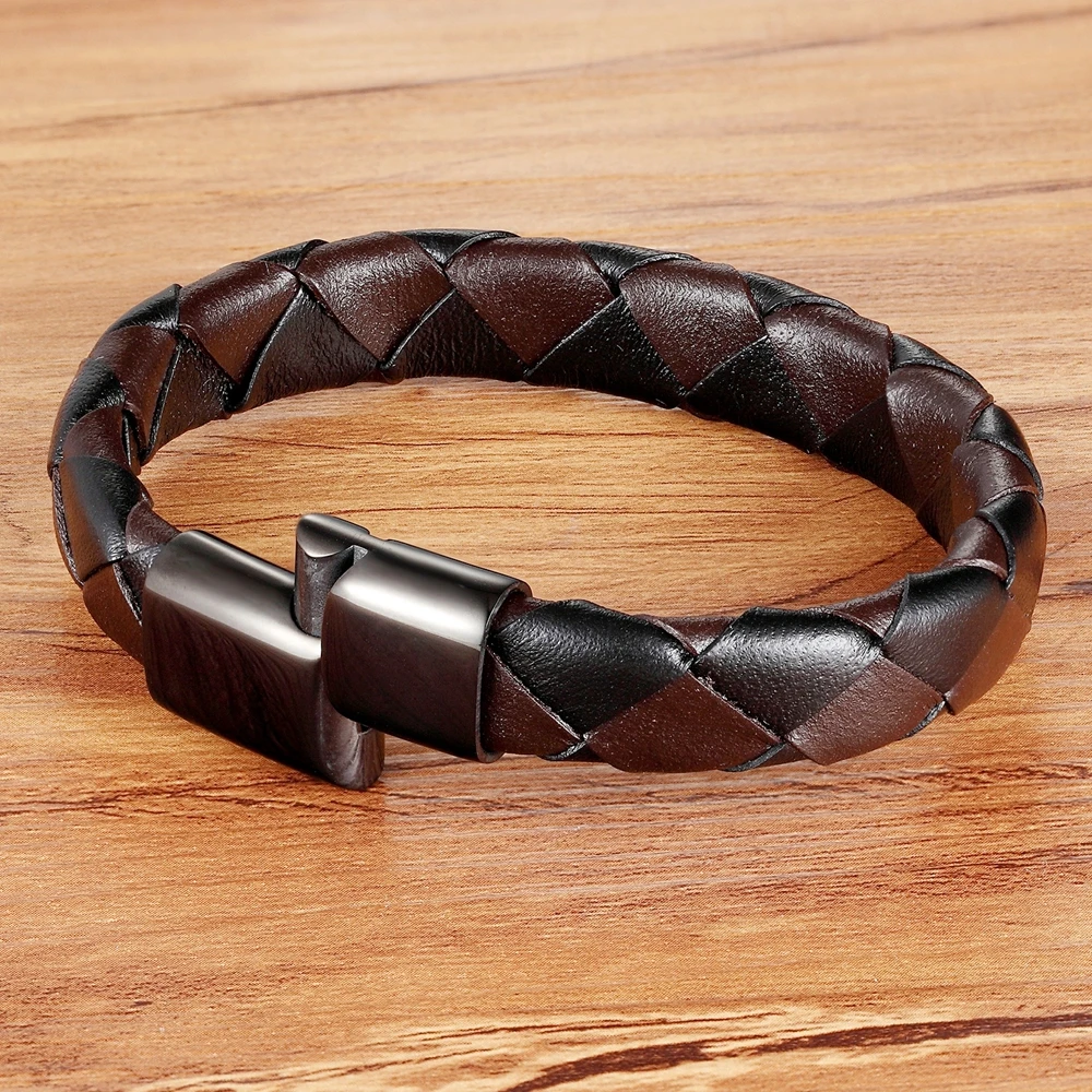 De Acero Inoxidable. 2 tamaños Cuero Negro Pulsera de cuero para hombre hecho a mano 2 Colores