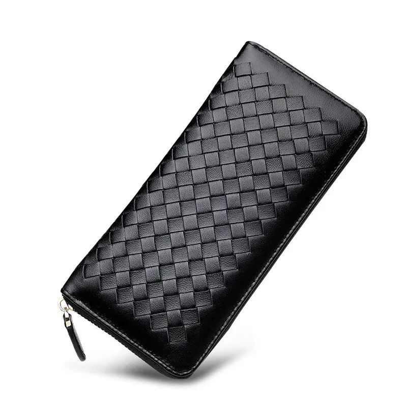 

Women Real Leather Knitting Purse Wallet High Quality Cowhide Lady Fashion Weaving Wallets Clutch Evening Bag Long Wallets