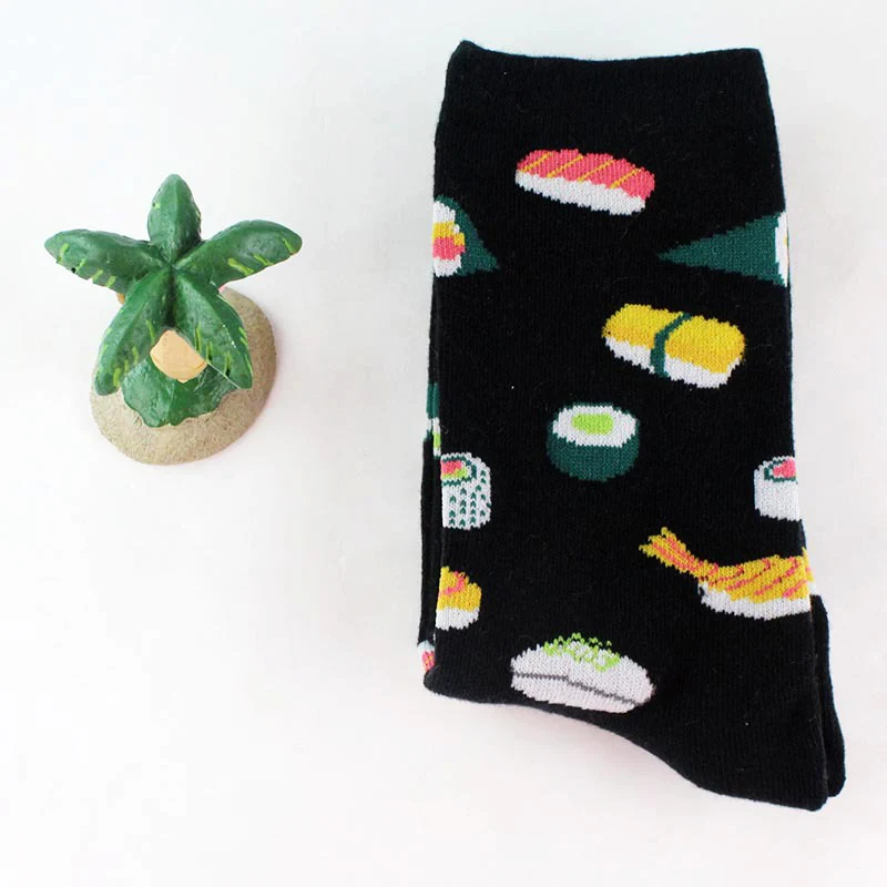 Десерты еда авокадо омлет суши Яблоко фрукты носки короткие носки хлопковые с забавным женщинам мужчины счастливый креативный узор носки женские - Цвет: Black sushi