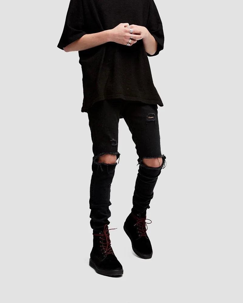 QoolXCWear хлопковые джинсы в стиле хип-хоп узкие джинсы Уличная Мужская джинсы черный цвет облегающие, рваные джинсовые брюки