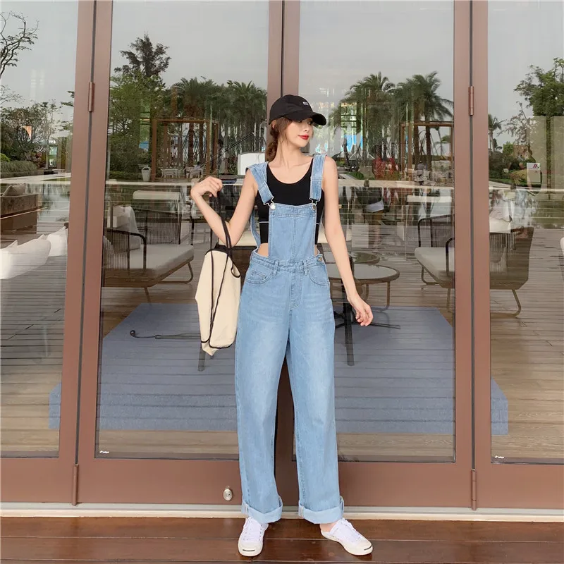 Комбинезоны с завышенной талией джинсы женские винтажные новые свободные корейский стиль Женская одежда модные брендовые повседневные длинные джинсы хит
