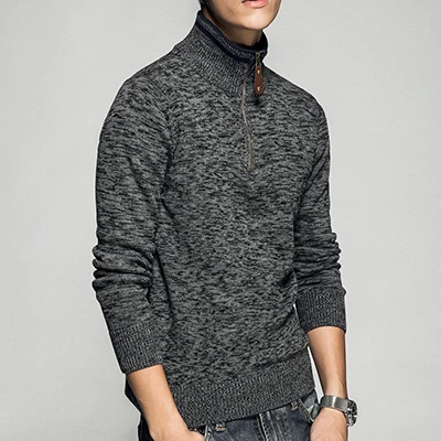Зимний теплый мужской пуловер с полумолнией, корейский свитер с высоким воротом, мужской джемпер, вязаная одежда, серый, коричневый, темно-синий - Цвет: Темно-серый