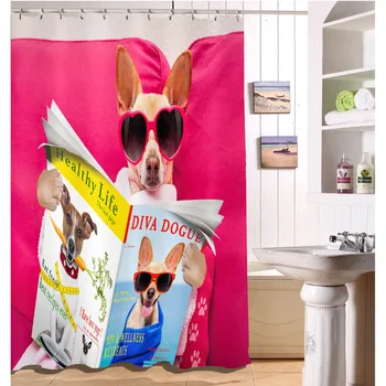 

LB 180*180 Cartoon Reading Dog Funny White Red Shower Curtains Bathroom Curtain Fabric Polyester With Mat Set for Bathtub Decor