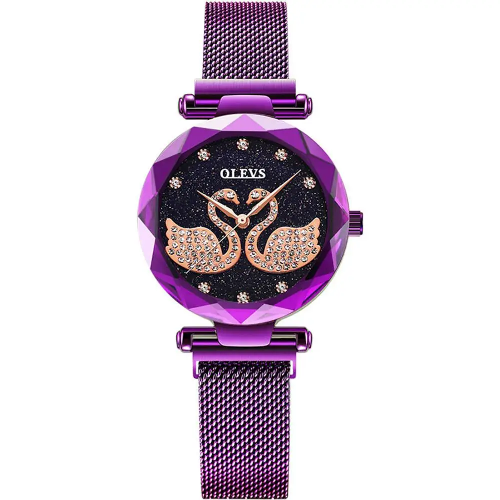 Горячая Montre Femme кварцевые женские часы Звездное небо Алмазный розовое золото Сталь женские часы с магнитной пряжкой фиолетовое платье женские часы Лебедь - Цвет: Purple ladies watch