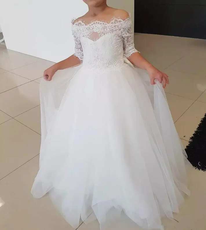 Фактические фотографии с открытыми плечами Кружевное платье белого цвета с цветочным принтом для девочек для свадьбы бальное платье с