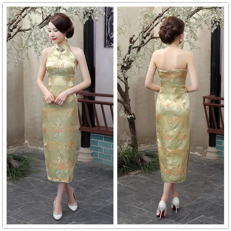 Китайская традиционная Для женщин Cheongsam сатиновое платье-Ципао в китайском стиле Стиль платье с лямкой на шее, для вечеринок, с вырезом на спинке, облегающее китайское свадебное Ципао Vestido - Цвет: Color7