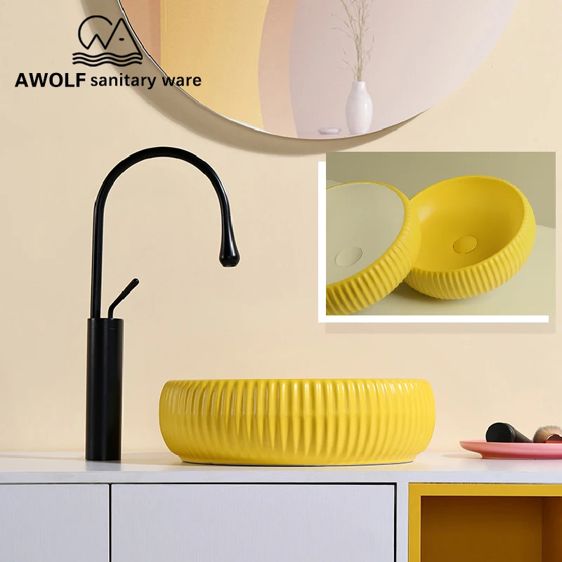 Art Bathroom Sinks Ceramic Vessel Modern Washing Basin Bowl Yellow White Above Counter Handmade Lavatary Sink AM894