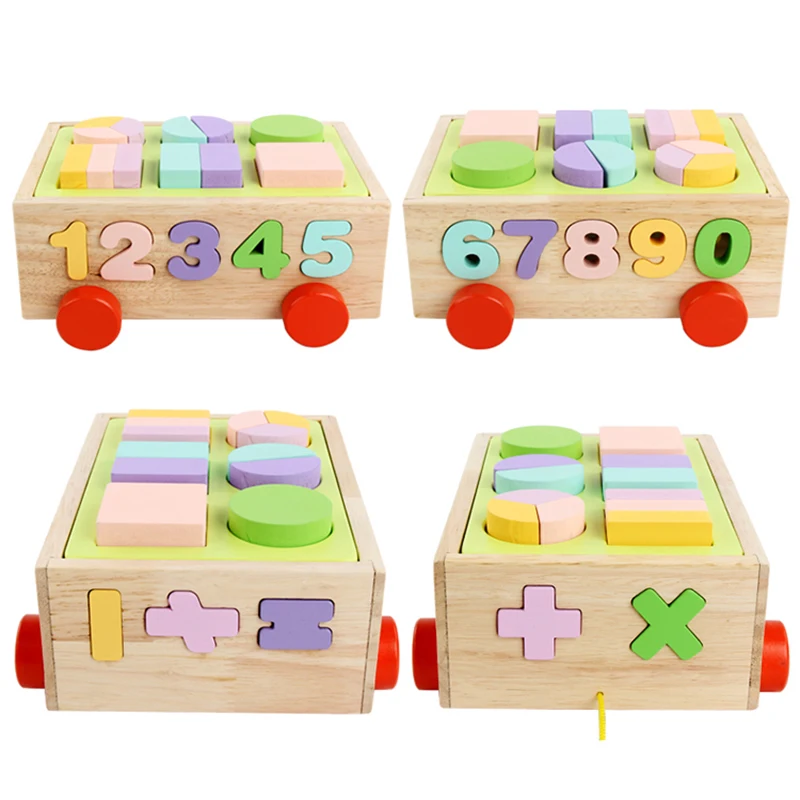 Baby Toys Kids Trailer Wooden Train Vehicle Blocks Geometry/Colour Congnitive Blocks Child Education Birthday/Christmas Gift