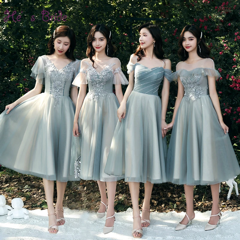 

He's Bride Sweet Bridesmaid Dresses Lace Flower Short Sleeves A-line Tea-length Simple Party Formal Gowns Robe De Soiree