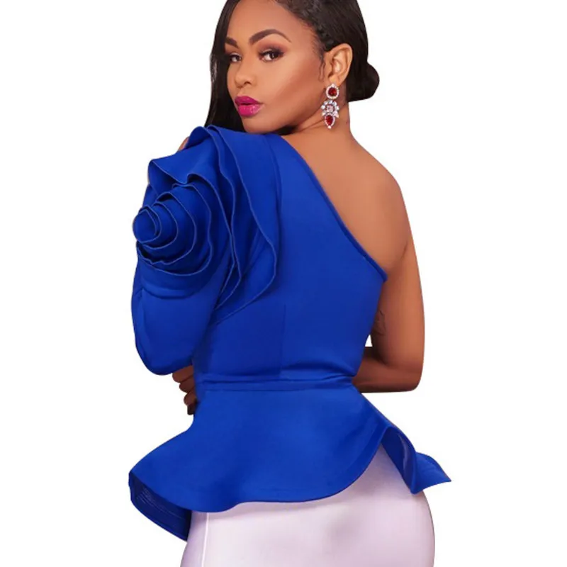 

Ruffles Shirts Slash-Neck Blouses Sexy Off Shoulders 3D Roses Lotus Spliced Shirt Long Sleeve Irregular Tops Blusas 2019