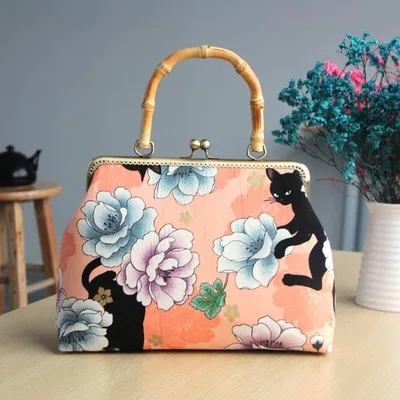 

Cat& flower Print Cotton Canvas Fabric Purse Gold Frame Clutch Bags Material Kit with Clasp lock for Mother Closure Handbags