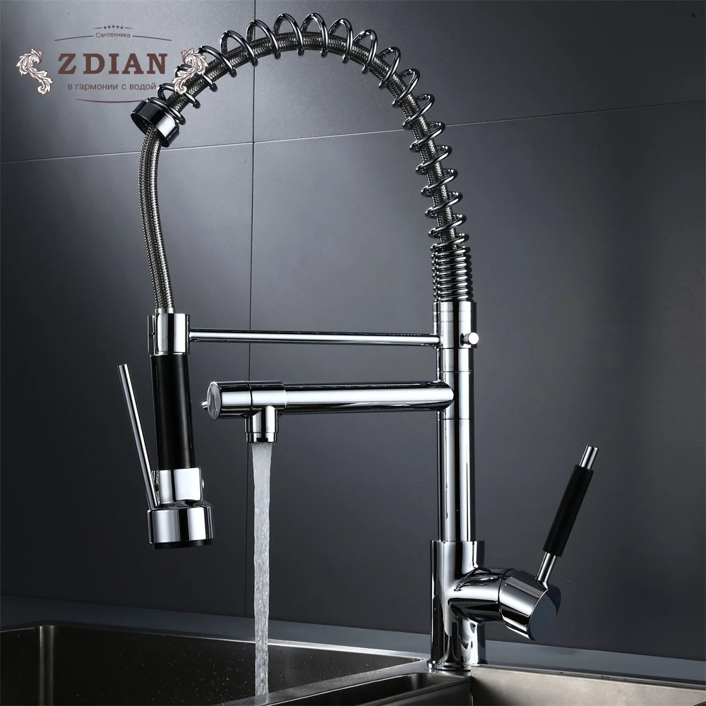 

Chrome Spring Pull Down Kitchen Faucet Dual Spouts 360 Swivel Handheld Shower Kitchen Mixer Crane Hot Cold 2 Outlet Spring Taps