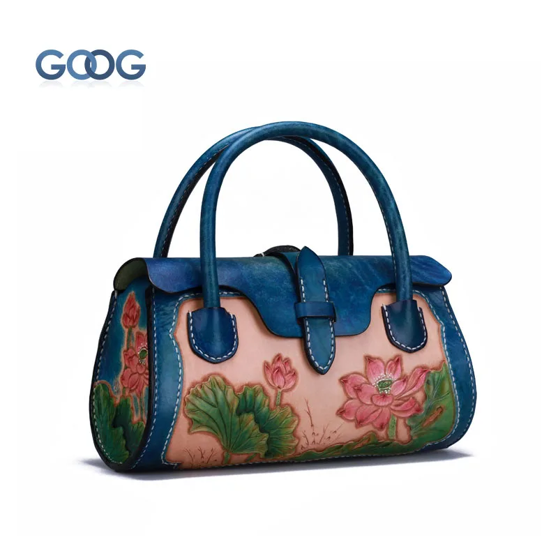 

Leather carved handbag new first layer of cowhide bark skin retro style Chinese wind personality lotus stereotyped handbags